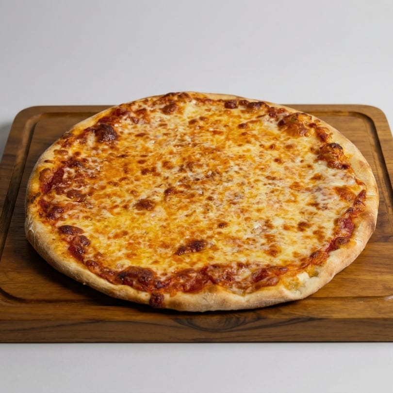A whole cheese pizza with a golden crust and melted mozzarella, on a wooden cutting board.
