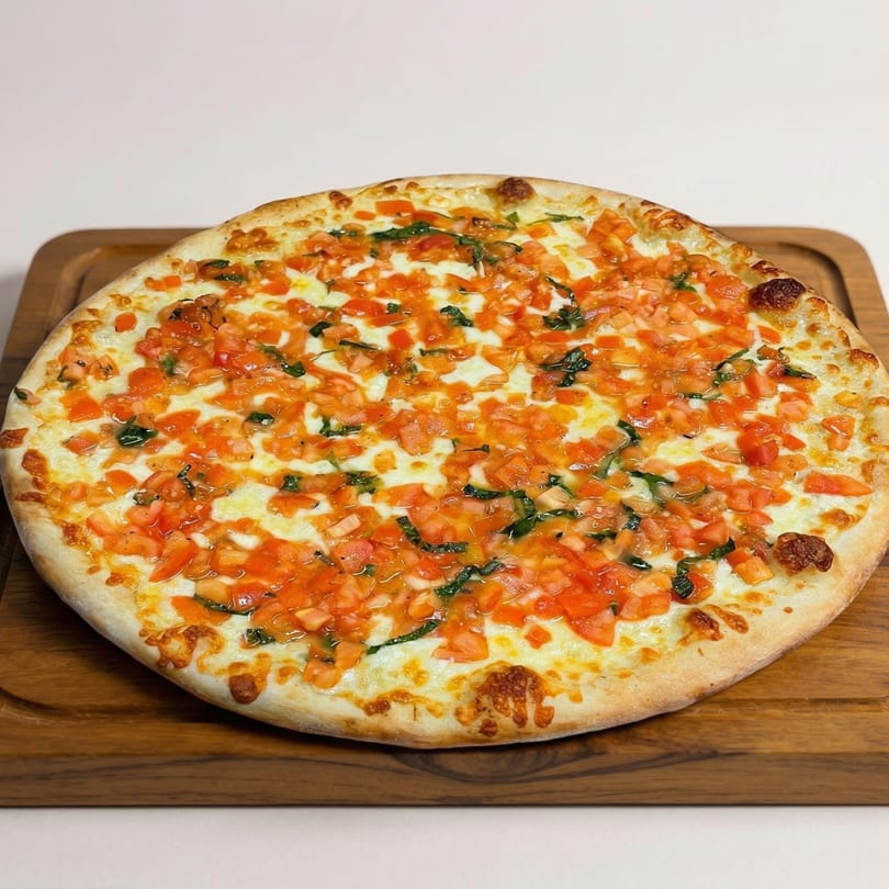 A whole round pizza with diced tomatoes, melted mozzarella cheese, and basil on a wooden board.