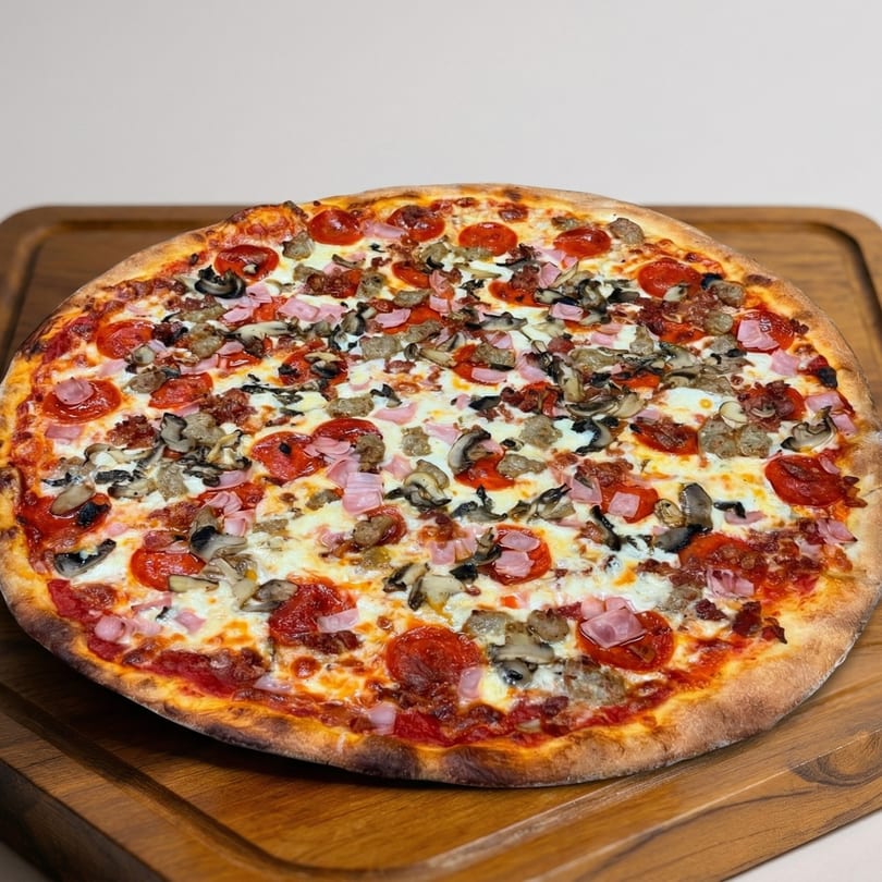 A large, round pizza with pepperoni, ham, sausage, bacon, and mushrooms on a wooden board.