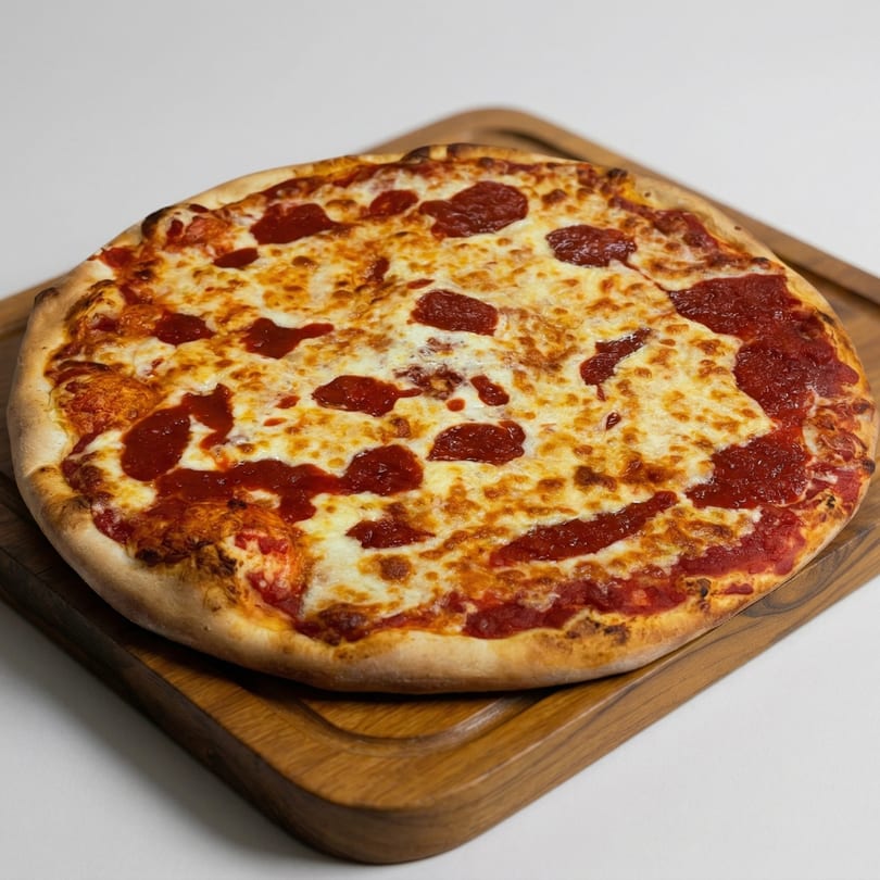 A whole cheese pizza with red sauce on a wooden serving board.