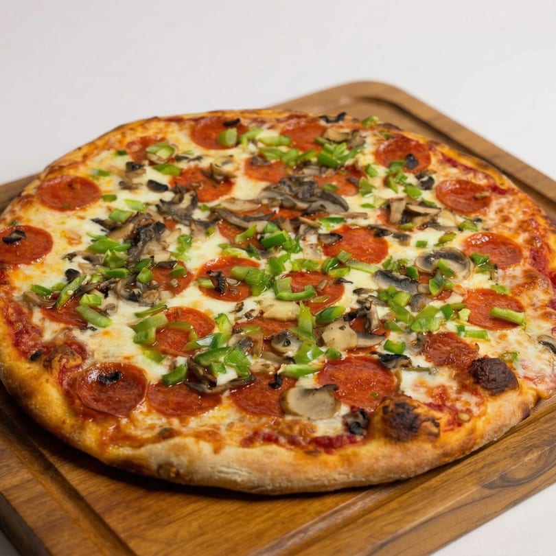 Pepperoni, mushroom, and green pepper pizza on a wooden serving board.