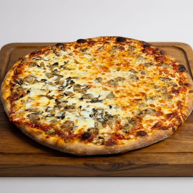 A whole pizza with half mushroom and half sausage toppings on a wooden board.