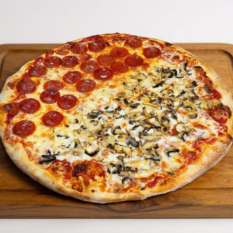 A half-pepperoni, half-mushroom pizza on a wooden cutting board.